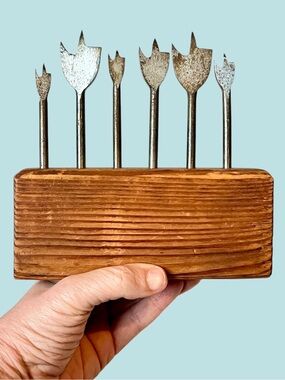 MCM Folk Art Sculpture and / or Spade Bit Set - Flat Boring Drill Bits in Holder